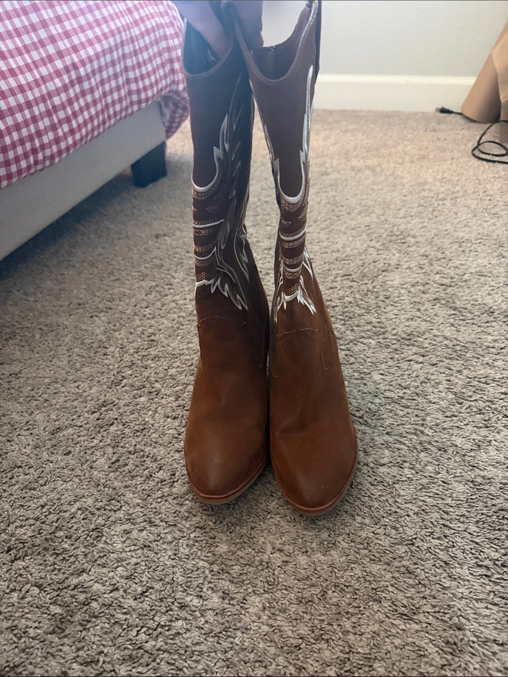 MIA Brown Suede Western Embroidered Mid-Calf Heeled Boots - Picture 2 of 8